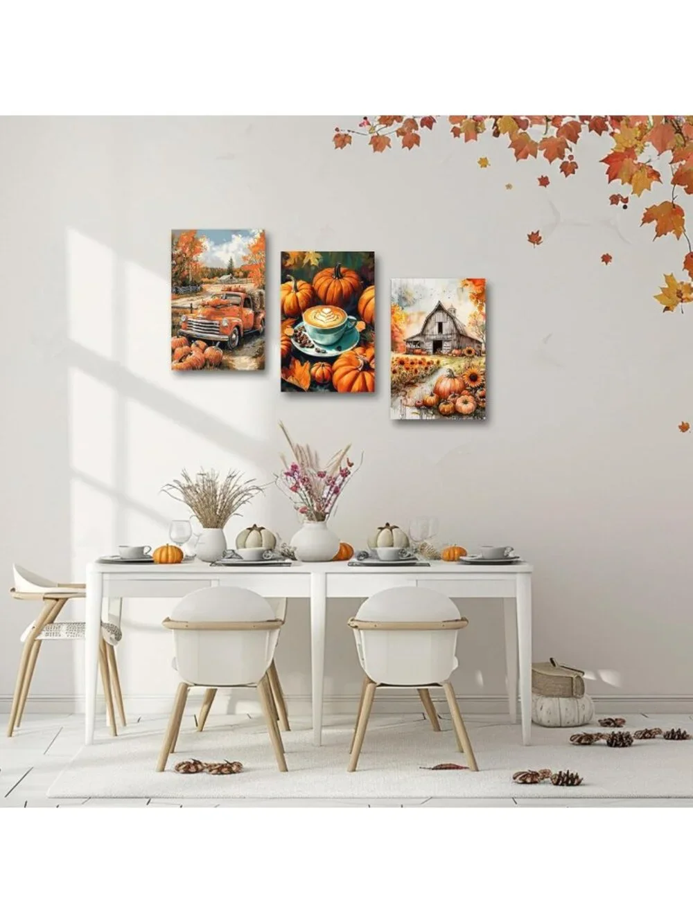 Autumn Pumpkin Wall Art Set - 3 Piece Fall Decor Canvas Prints for Thanksgiving